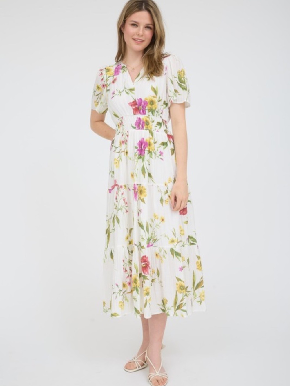 Multicolor Floral Short Sleeve Tiered Midi Dress